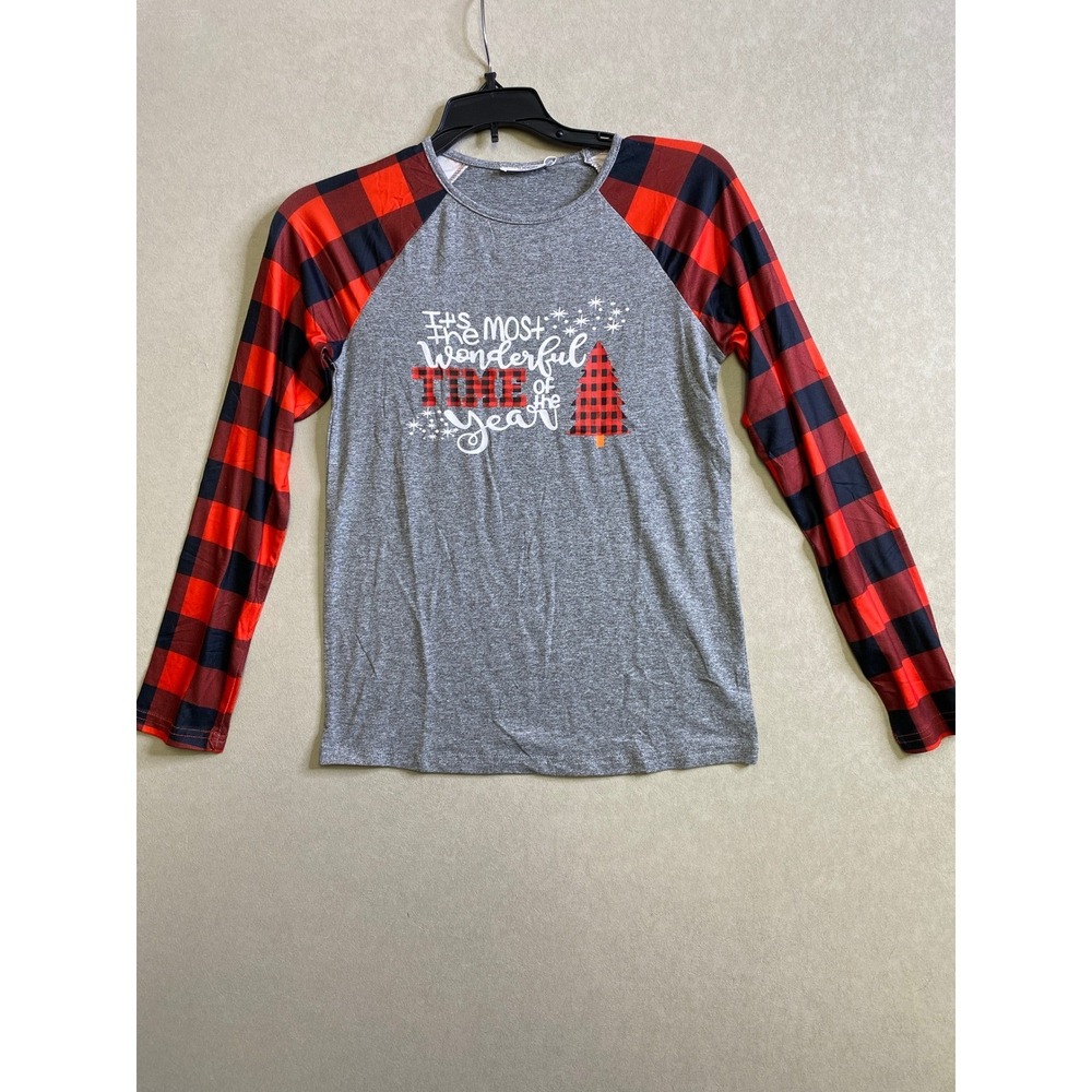 Arshiner Kids Christmas Raglan Shirt Gray Red Buffalo Plaid Graphic Tee Size 150